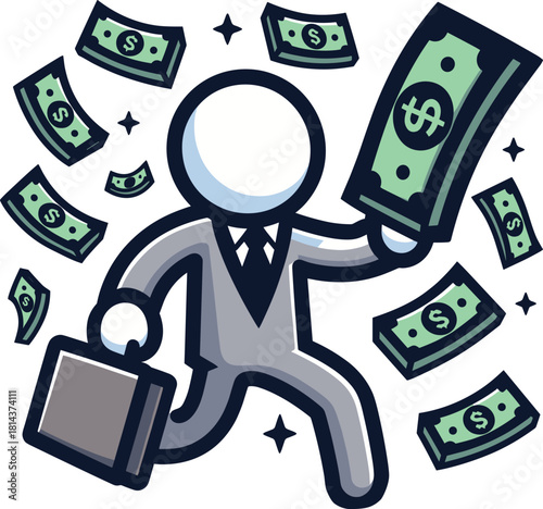 スーツの男性とお札が舞うイラスト