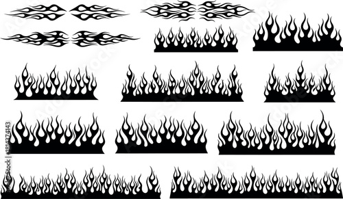 Set of black and white fire flames vector illustrations for design elements