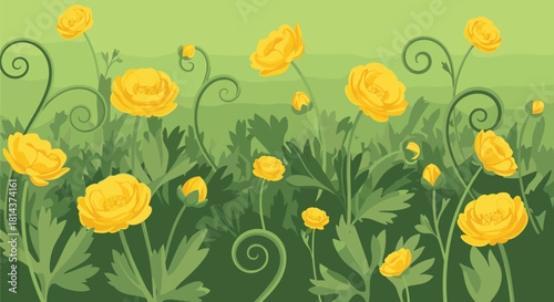 A vibrant illustration of yellow buttercups blooming amidst lush green foliage and swirling stems.