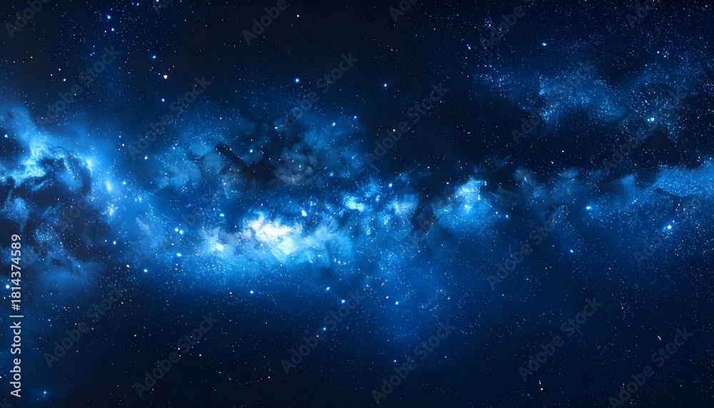 Fototapeta premium Captivating cosmic scene of a blue nebula and galaxy with bright stars and glowing dust against the deep black of outer space.