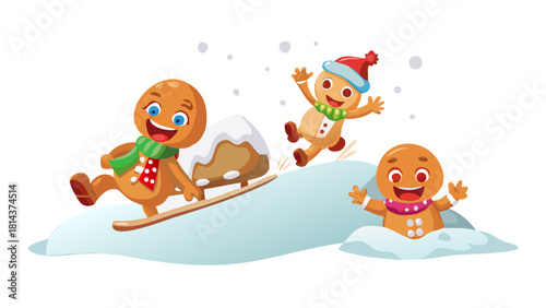 Cartoon gingerbread kids sliding down a marshmallow snow hill