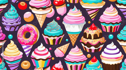 Colorful patterns of desserts and sweets featuring ice cream, cupcakes, and donuts on a dark background