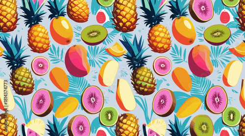 Vibrant tropical fruit pattern featuring pineapples, mangoes, and kiwis on a light background