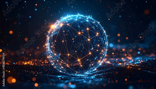 Abstract 3D network sphere or digital globe formed by glowing blue and orange particles and connected lines against a dark background. Technology concept.
