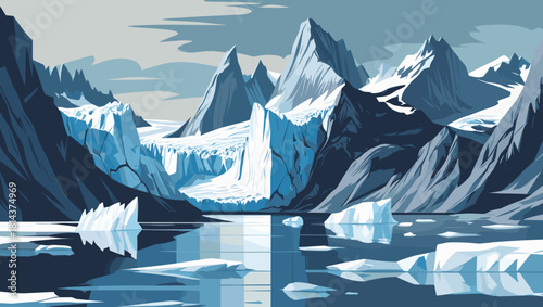 Stunning mountain landscape featuring glaciers and icebergs reflecting in calm waters