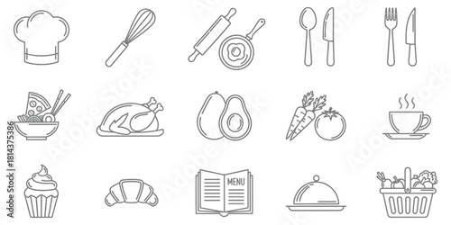 Hand drawn kitchen utensils and food items sketch illustration