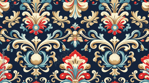 Vintage damask pattern featuring ornate floral designs in vibrant colors on a dark background