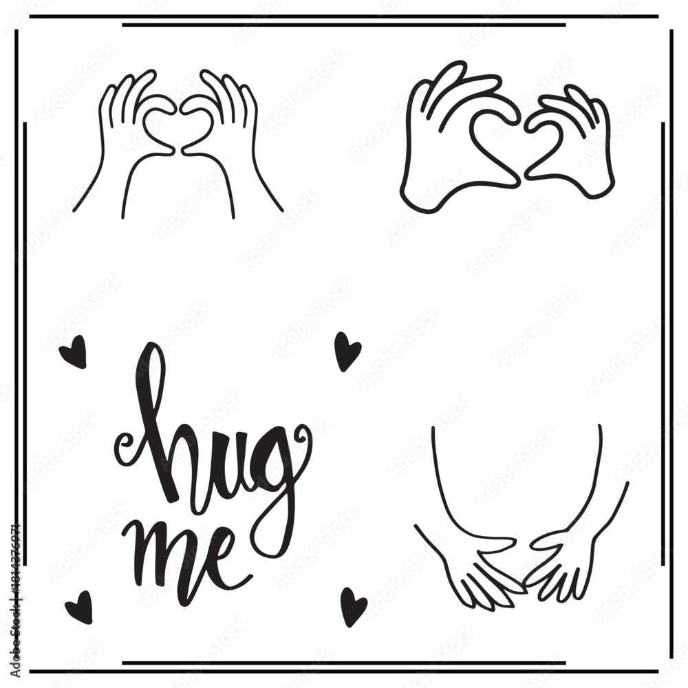 Obraz premium hug me hand drawn silhouette, hug me hand drawn illustration , hug me hand draw clipart, black hug me hand drawn, hug me hand drawn illustration on white background, 