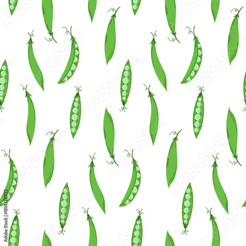 Green peas in pods. Vegetable pea seamless pattern. Healthy eating. Legumes. Vegan and vegetarian. For kitchen textile, fabric, wrapping paper, farm and market business. Vector illustration