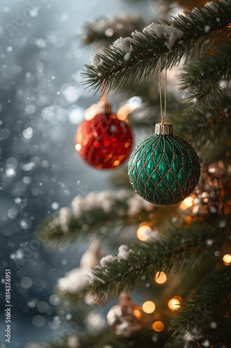 Holiday Decorations With Colorful Ornaments on a Snowy Christmas Tree in Wint...