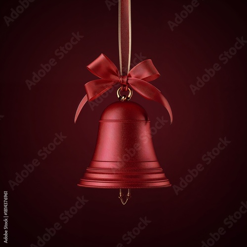Bright Red Holiday Bell With a Bow Hanging Against a Deep Red Background