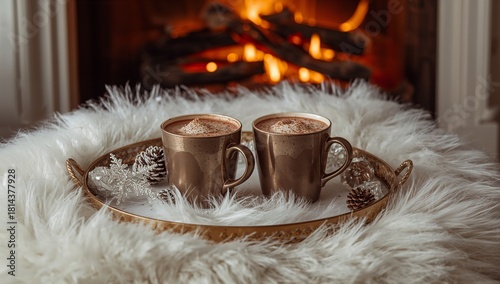 Warm Mugs of Hot Chocolate on a Cozy Tray by the Fireplace During Winter Even...