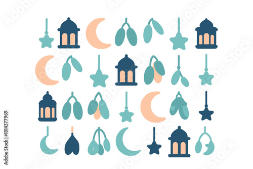 Seamless pattern featuring Ramadan symbols: crescent moons, traditional lanterns, stars, and dates