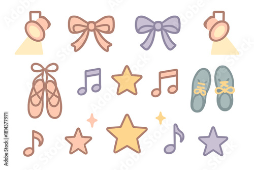 Cute set of ballet slippers, bows, spotlights, and musical notes for stage performance