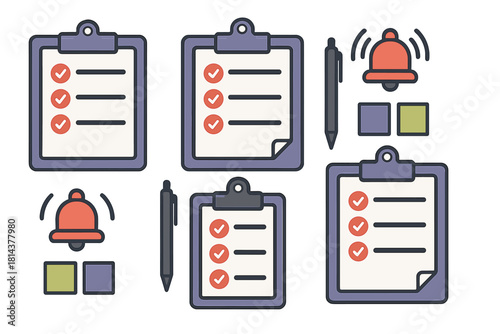 Collection of checklist clipboards, pens, and ringing notification bells for task management and reminders