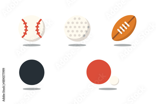 Collection of five different sports balls including baseball, golf, football, bowling, and billiard