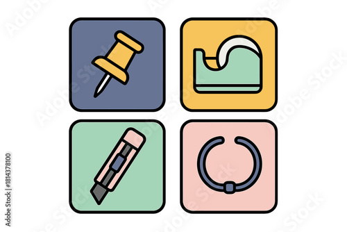 Colorful office and craft supplies set including pushpin tape dispenser and utility knife