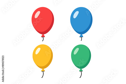 Four brightly colored party balloons in red blue yellow and green isolated on white