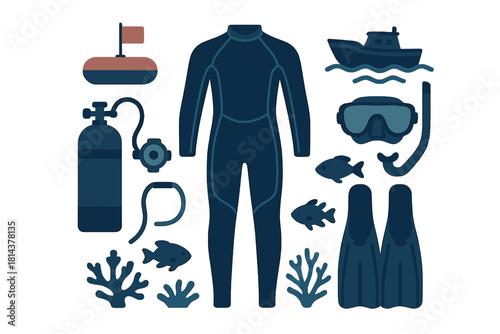 Essential scuba diving equipment set including wetsuit, oxygen tank, mask, fins, boat, and marine life elements