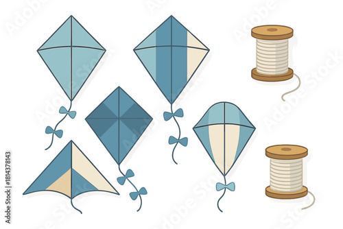Colorful diamond and delta kites with thread spools for outdoor flying activity