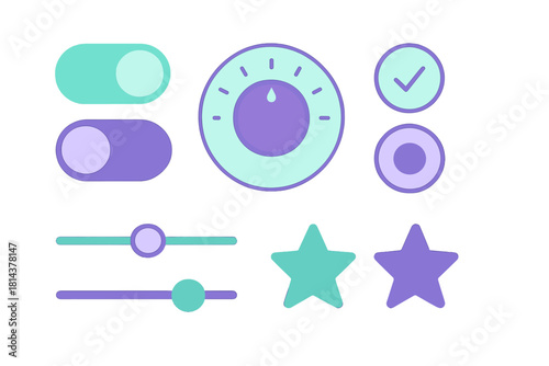 Modern user interface elements set with toggle switches, volume dial, horizontal sliders, checkmark, and rating stars