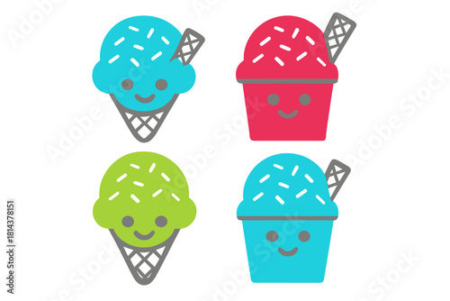 Cute collection of four colorful smiling frozen desserts in cones and cups with sprinkles and wafers