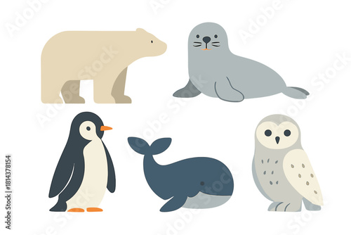 Cute Arctic and Antarctic wildlife set with polar bear seal penguin whale and snowy owl