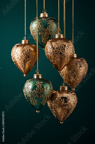 Hanging Heart Ornaments in Green and Bronze Against a Teal Background for Fes...