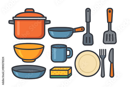 Colorful assortment of kitchenware and cooking tools including pots pans and cutlery