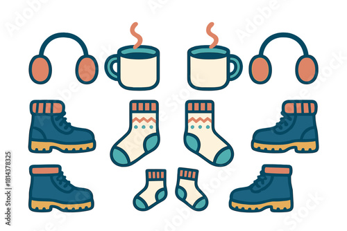 Cozy winter essentials collection featuring warm boots, socks, hot drinks, and earmuffs
