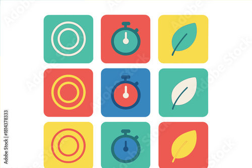 Colorful flat design icons featuring targets, stopwatches, and leaves in a grid