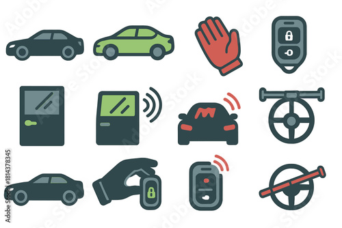 Automotive security and remote access symbols featuring key fobs, steering wheel lock, and vehicle alarm systems