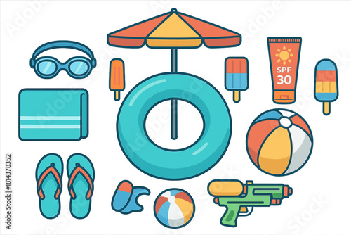 Colorful set of summer beach and pool leisure items including umbrella, float, and sunscreen
