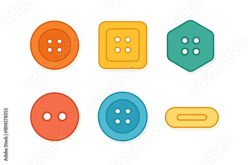 Colorful plastic sewing buttons assortment in various shapes: round, square, and hexagonal