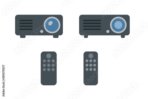 Two modern multimedia projectors and matching remote controls isolated on white