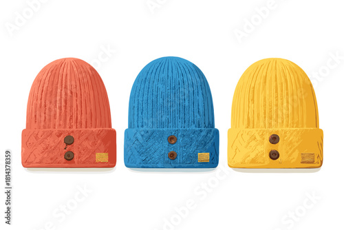 Collection of three brightly colored knitted winter beanies with textured cuffs and decorative buttons