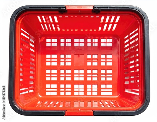 Empty red shopping basket w/black trim, top-down view