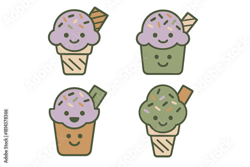 Four cute smiling ice cream cones and cups with sprinkles and wafer sticks