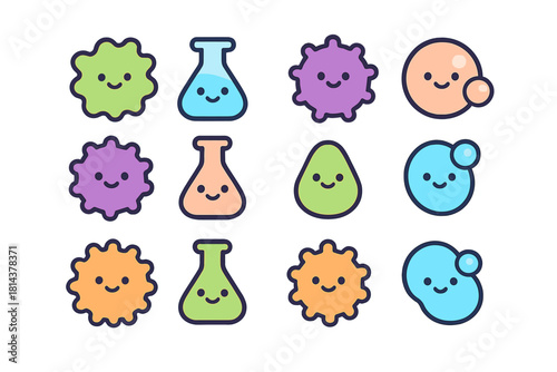 Cute cartoon set of microbes, bacteria, viruses, cells, and laboratory flasks