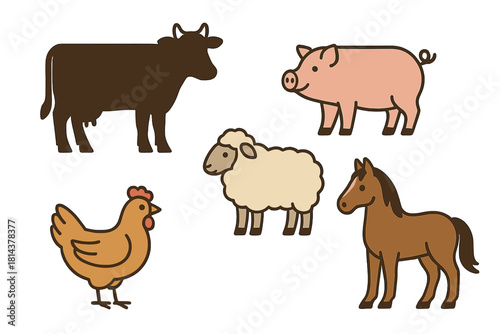 Collection of five domestic farm animals: cow, pig, sheep, chicken, and horse