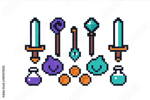 Large set of pixel art fantasy role playing game assets including weapons, potions, and cute slime monsters