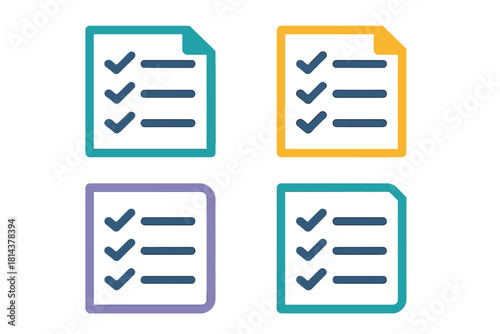 Set of four vibrant document icons featuring checkmarks indicating successful completion or approval