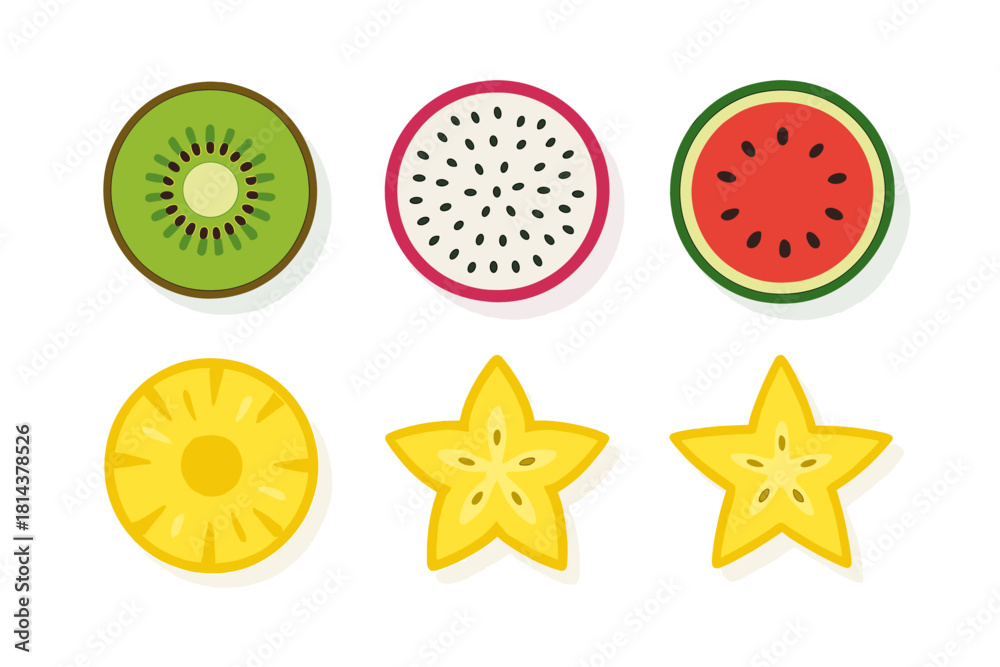 Fototapeta premium Colorful tropical fruit slices collection: kiwi, dragon fruit, watermelon, pineapple, star fruit