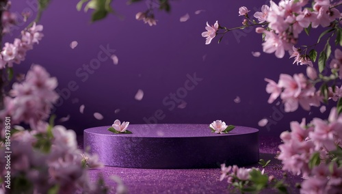 Beautiful Pink Flowers Arranged on a Purple Podium Against a Vibrant Backdrop...