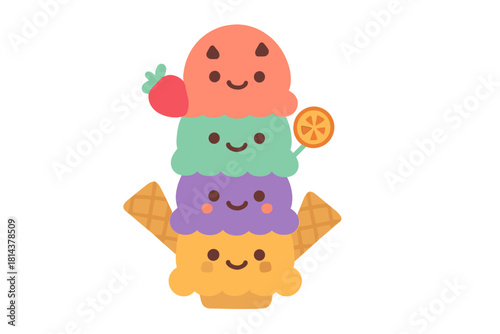 Adorable stack of four colorful ice cream scoops in a waffle cone decorated with fruit toppings and smiling faces