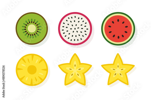 Colorful tropical fruit slices collection: kiwi, dragon fruit, watermelon, pineapple, star fruit