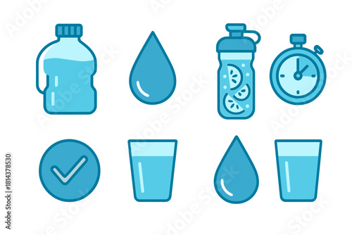 Set of icons for daily water intake, hydration tracking, fitness, and healthy lifestyle