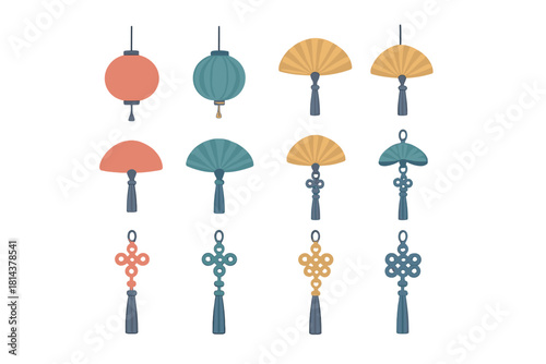 Traditional Asian decorative set with lanterns, folding fans, and endless knot charms