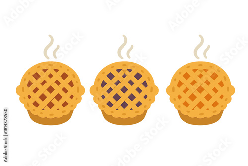 Three hot baked fruit pies with lattice crusts and steam rising on a white background
