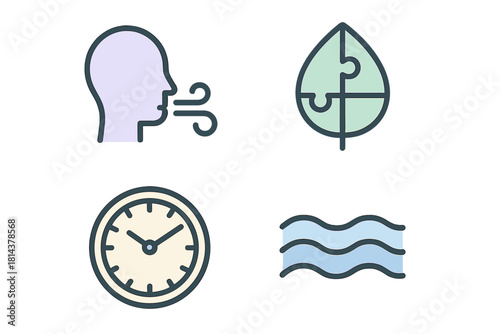 Four line art icons representing breathing, environmental puzzle, time, and water waves